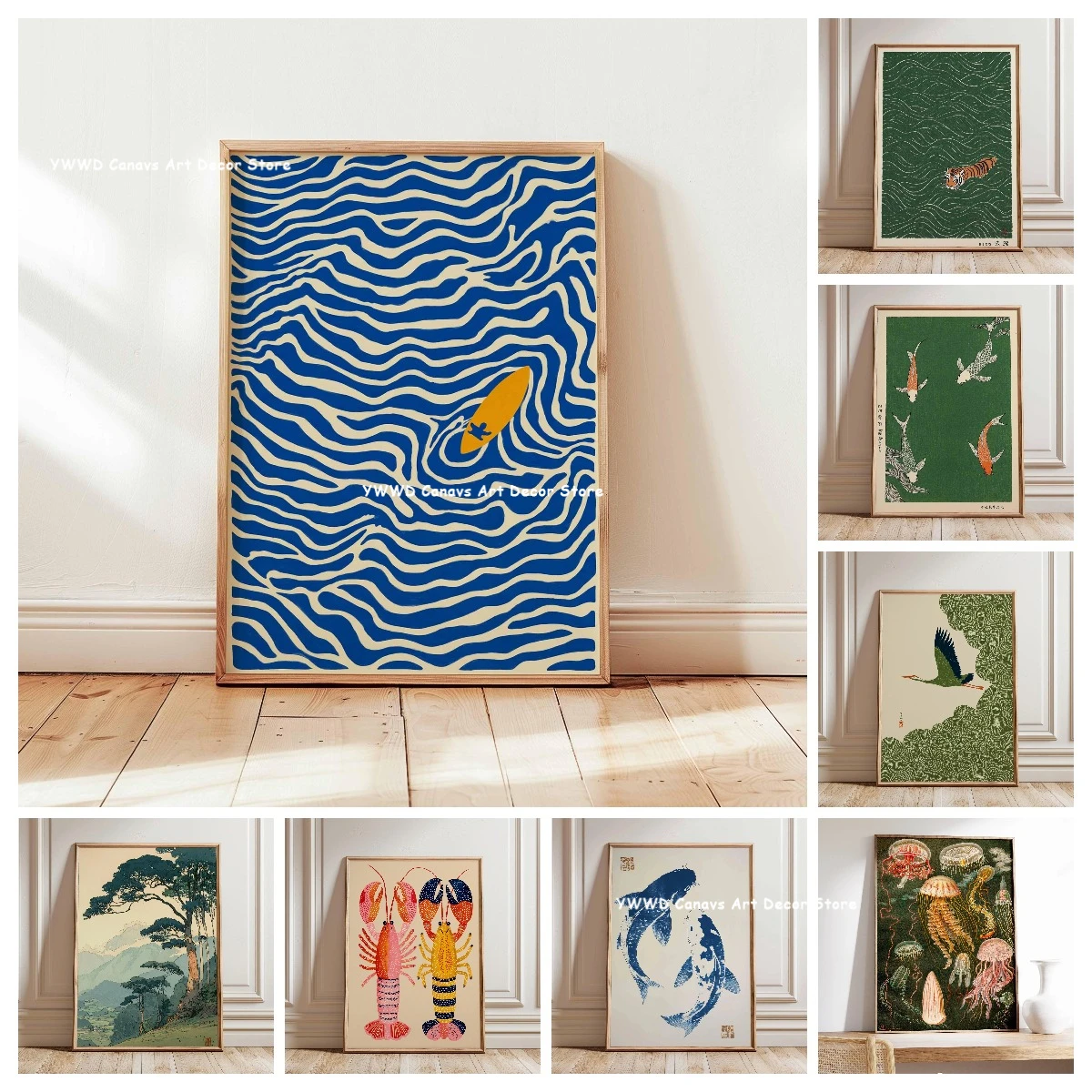 Summer Surfing & Swimming Tiger Animal Canvas Poster Retro Japanese Forest & Koi Fish Zen Water Wall Art Printing for Home Decor