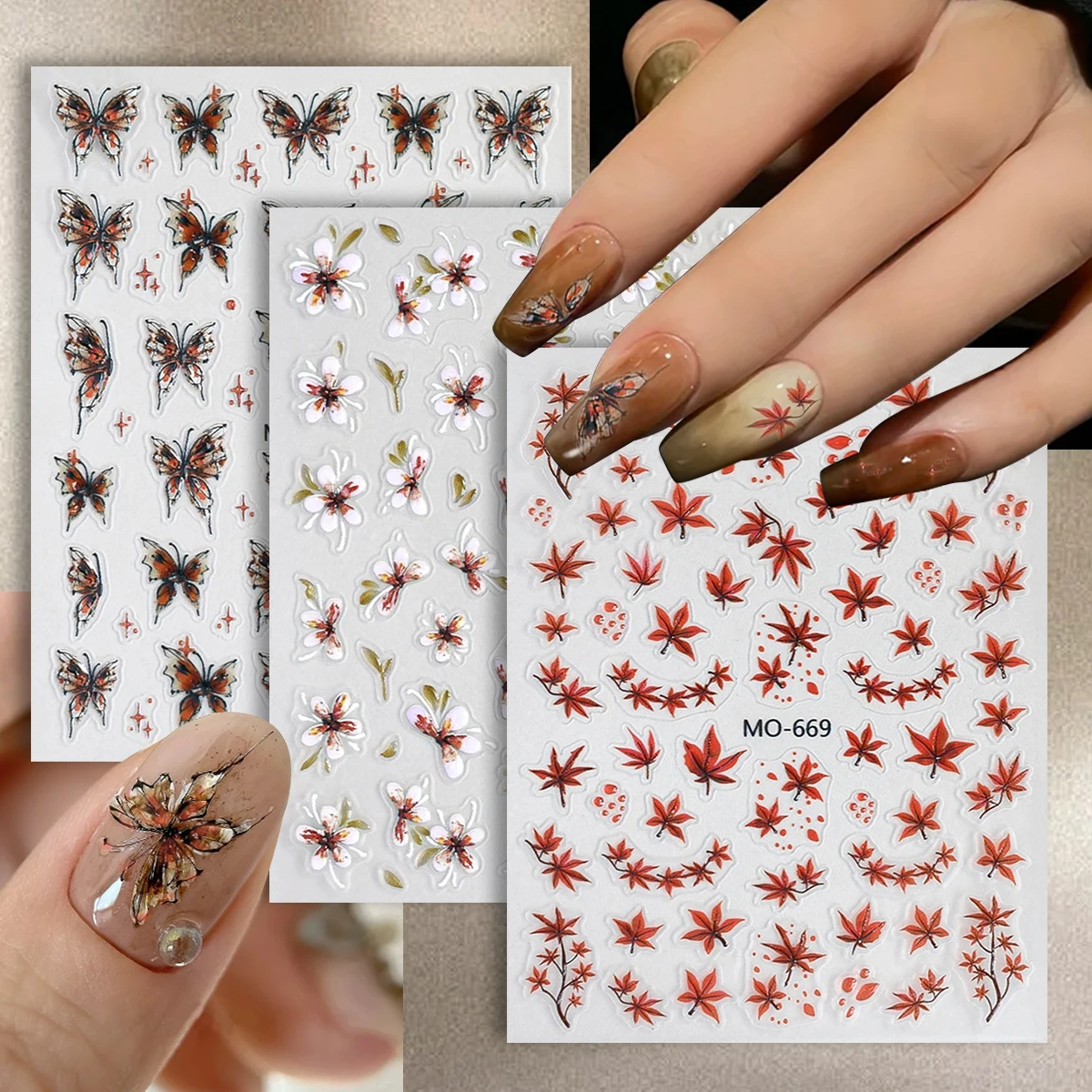3/6 Blätter 5D Herbst Schmetterling Blume Ahornblatt Nagelaufkleber Selbstklebende Herbst-Nagelsticker DIY Maniküre