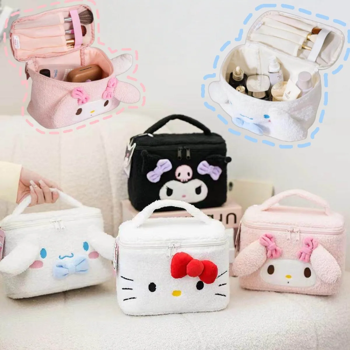 Kawaii Sanrio Large Capacity 3D Plush Makeup Pouch My Melody Handheld Kuromi HelloKitty Cinnamoroll Cute Anime Holiday Gifts
