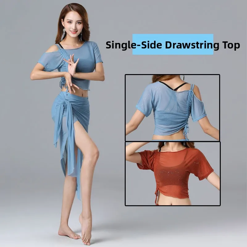 

Женский тренировочный костюм для танца живота, комплект с юбкой Sexy Me, восточный танец для начинающих, весна-лето, модный костюм средней длины для выступлений