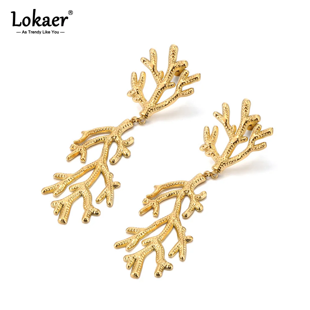 Lokaer Statement Stainless Steel Coral Tree Drop Dangle Earrings Rust Proof Metal Gold Color Fashion Personality Jewelry E24190