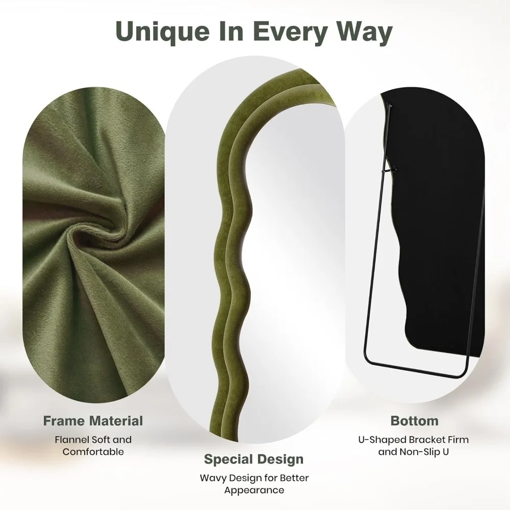 Miroir mural arqué ondulé pour tout le corps, 63x24 pouces, cadre en flanelle verte, miroir mural suspendu pour réflexion pleine longueur