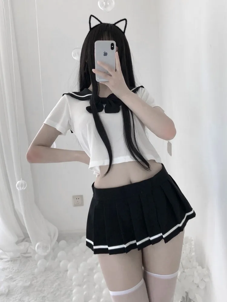 Japanese Anime Student Cosplay Costume School Girls JK Uniform Women Sexy Lingerie Crop Tops and Pleated Skirt Set Outfits