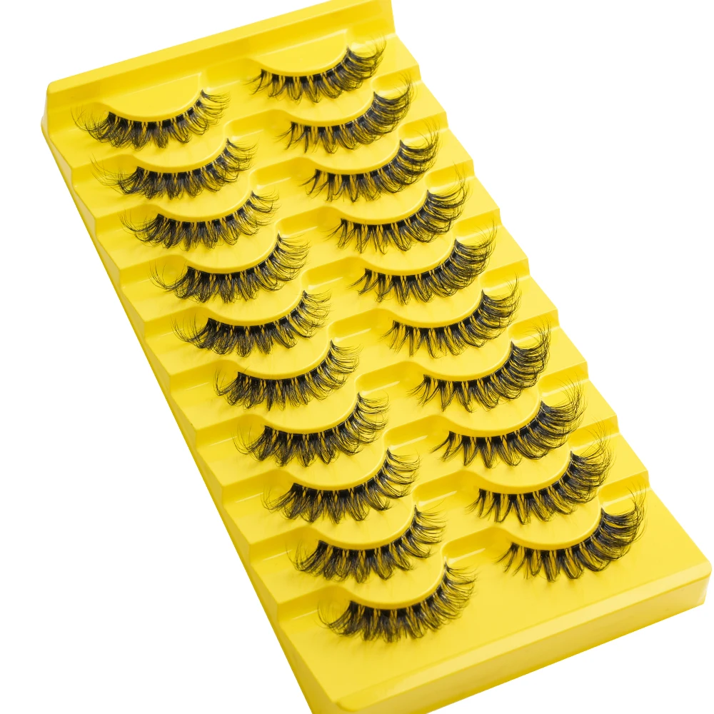 MJ 10 Pairs D Curl Natural Fluffy False Eyelashes Wispy 3D Volume Strip Lashes Fake Eyelashes with Clear Band Eyelash Extension