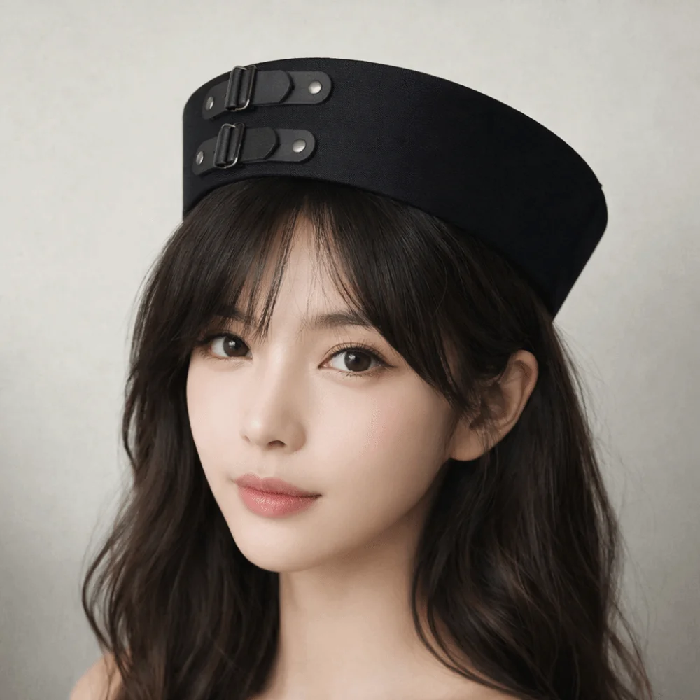 

Photo Black Leather Buckle Sailor Hat PU Chain Sweet Captain Hat Versatile Y2K Vintage Beret Cosplay