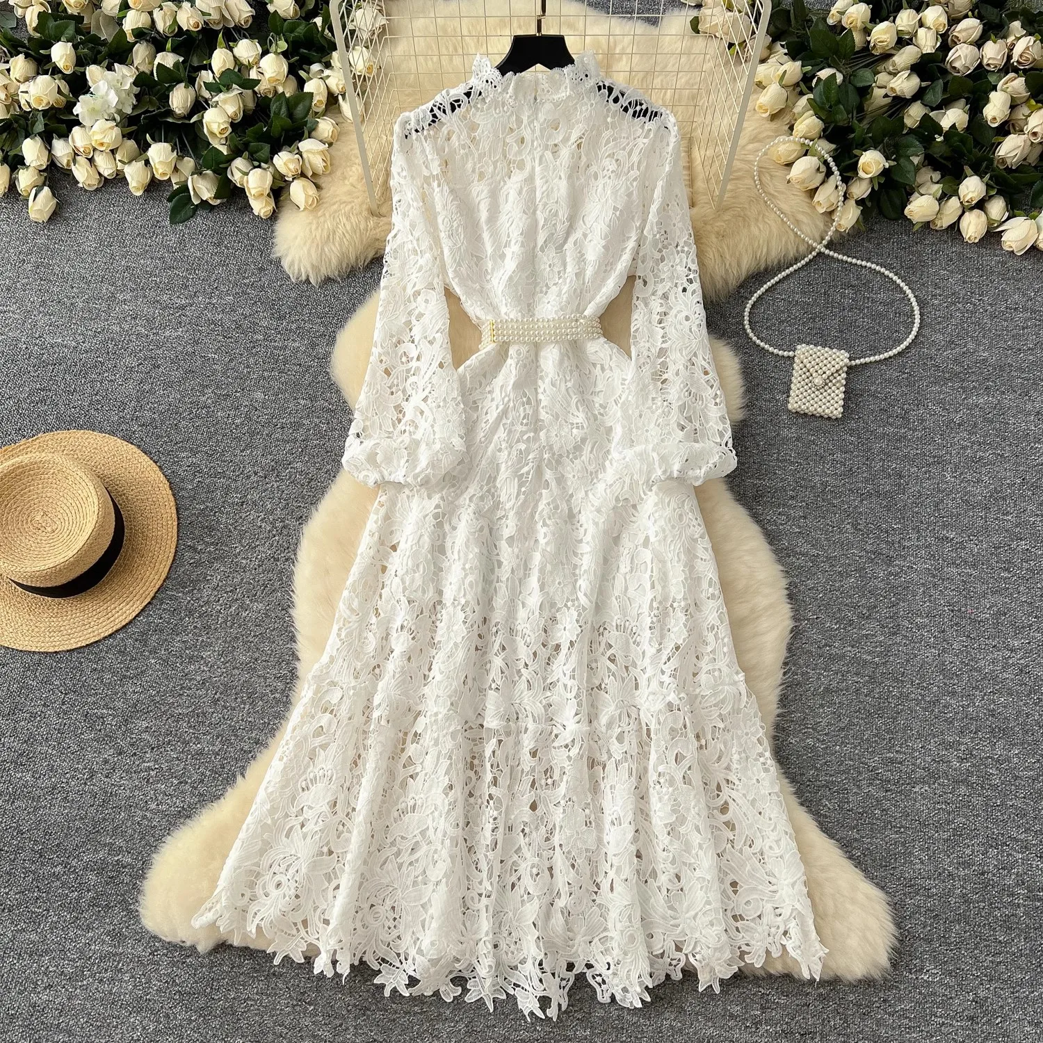 Autumn Crochet Flower Hollow Out Embroidery Lace Dress Women's Stand Collar High Waist Pearl Belt Chic Prom Party Vestidos