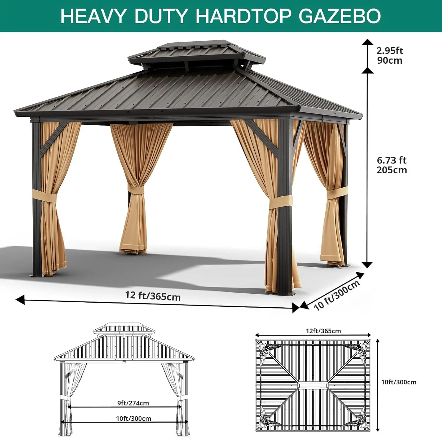 

Hardtop Gazebo 10'x10' Heavy Duty, Permanent Aluminum Frame & Tin Roof, Waterproof, Privacy Design, Outdoor Pavilion, Custom