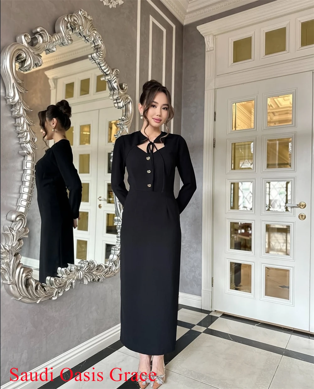 Vestido de noche personalizado, Jersey negro Simple, exquisito, manga larga, vestidos de fiesta, moda, cuello redondo, ocasión especial