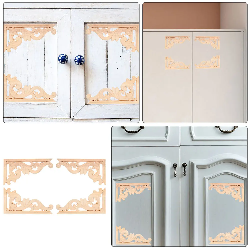 

4Pcs Wood Furniture Corner Onlay Appliques European Style Floral Carved Wooden Decorative Appliques for Wardrobe Cabinet