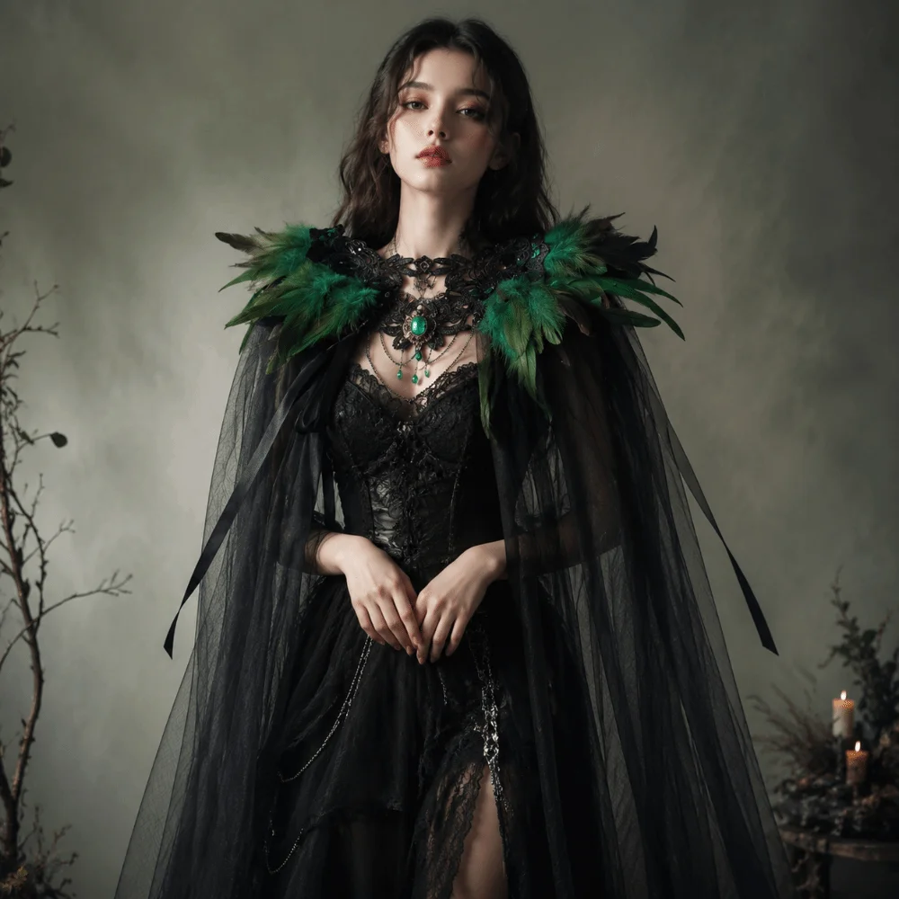 Black Halloween Feather Cloak Fur Collar Elegant Hollow Lace Mesh Cape Mesh Fringe Flowing Festival Costume Cape