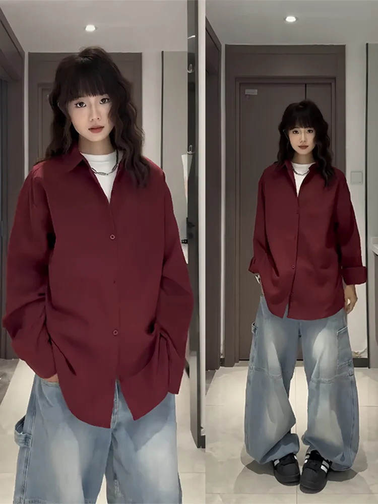 

Мужская офисная рабочая одежда в стиле ретро American Wine Red Long Sve irt CleanFit oulder High End Feeling Classic Sle