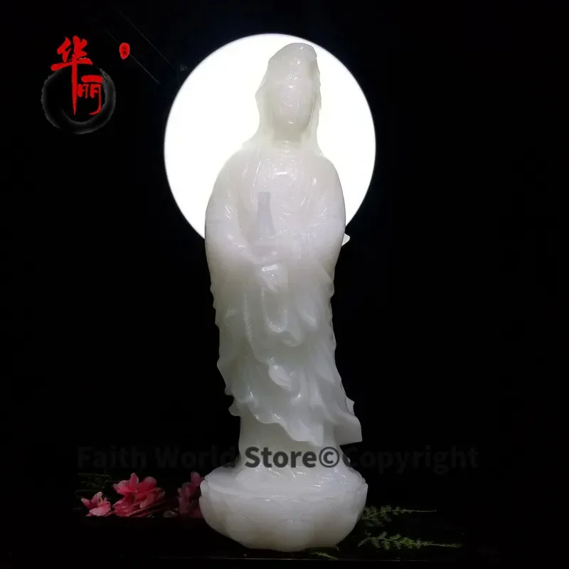 35cm large # HOME family TOP efficacious Protection Buddhism white jade Guanyin Avalokitesvara buddha Jade carving sculpture