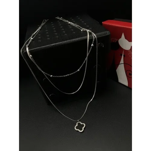 Rednose 3'lü Rose a Clover Double Sided (Black Enamel and Mother Of Pearl) Steel Necklace