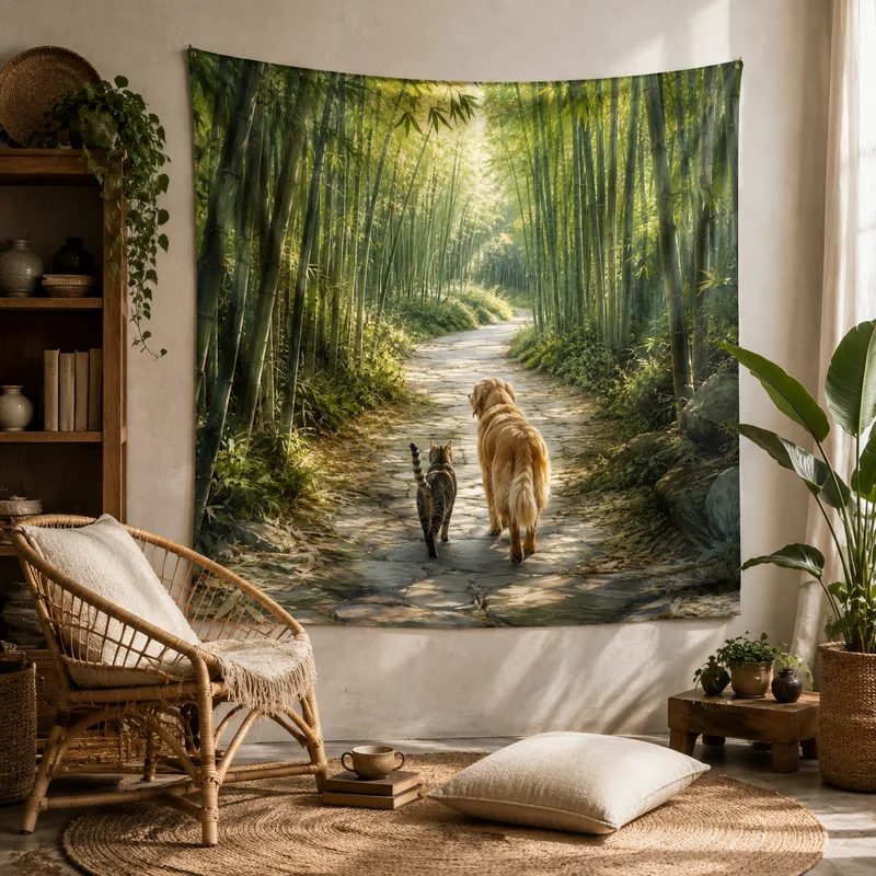 VIKAMA Healing Wind Cute Cat And Dog Walks Wall Tapestry, For Hanging On The Walls Of Bedrooms And Living Rooms As Decoration