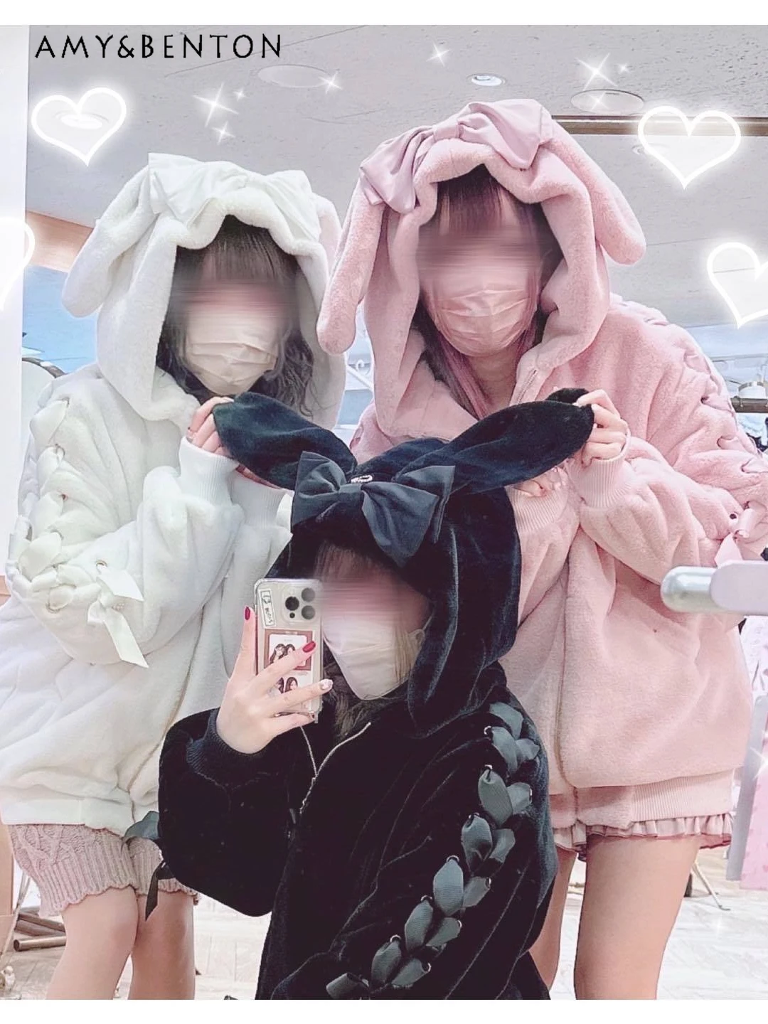 Winter New Japanese Sweet Rabbit Ear Puff Sleeve Plush Coats Mine Bow Lace Up Pleated Zippers Loose Slim All Match Coat Women