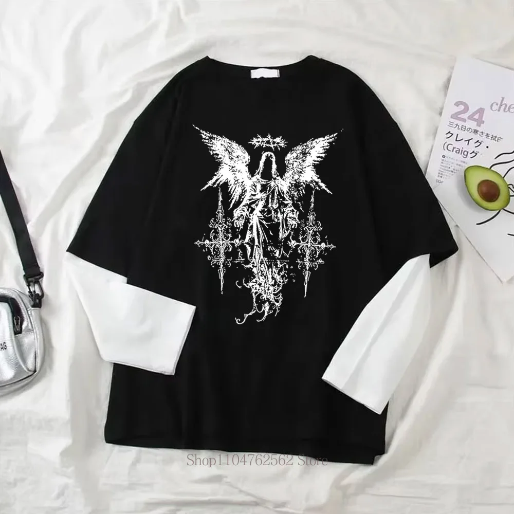 Line Y2K Print Graphic Fake Two Long Sleeved T-shirts for Women Fashion Gothic Retro Casual Loose Fake Two Long Sleeved T Shirt