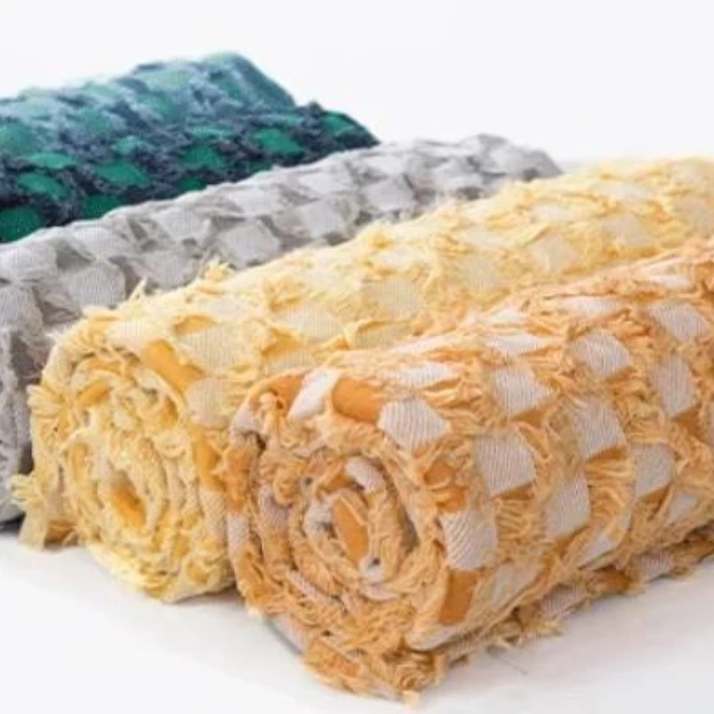 

Pure Cotton Tassel Checkerboard Denim Fabric Cut Flowers Washed Texture Coat Pants Shirt Skirt Clothing Design for Sewing Cloth