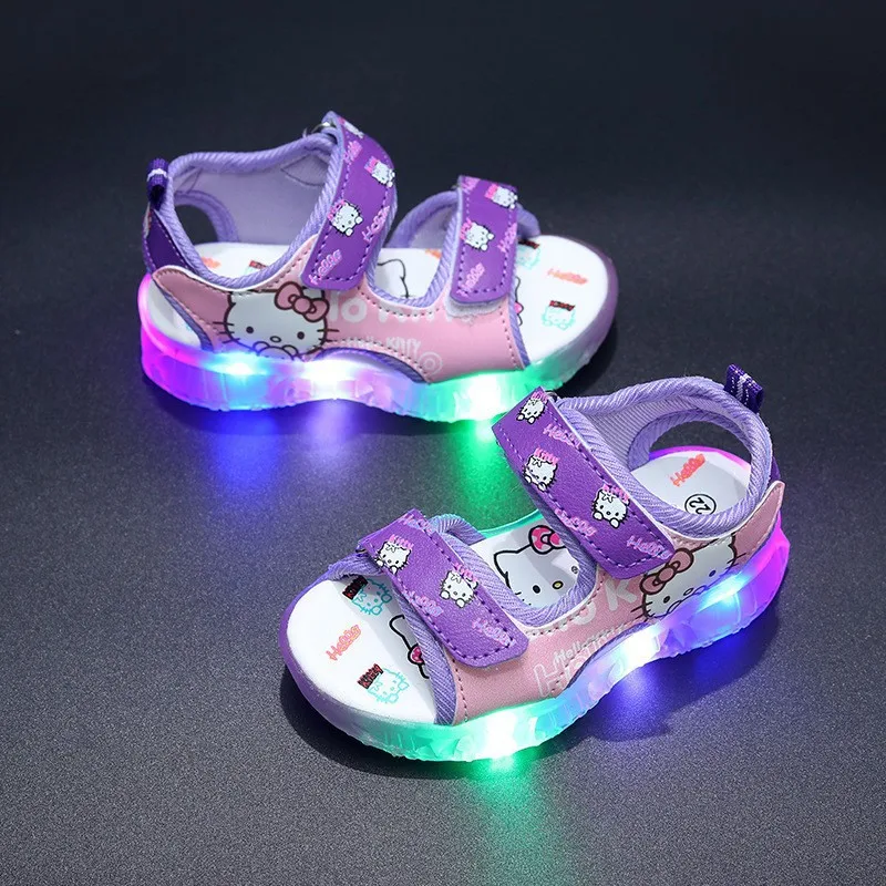 Sanrio Hello Kitty Summer New Girls Led Light Sandals Beach Outdoor Non-slip Casual Shoes