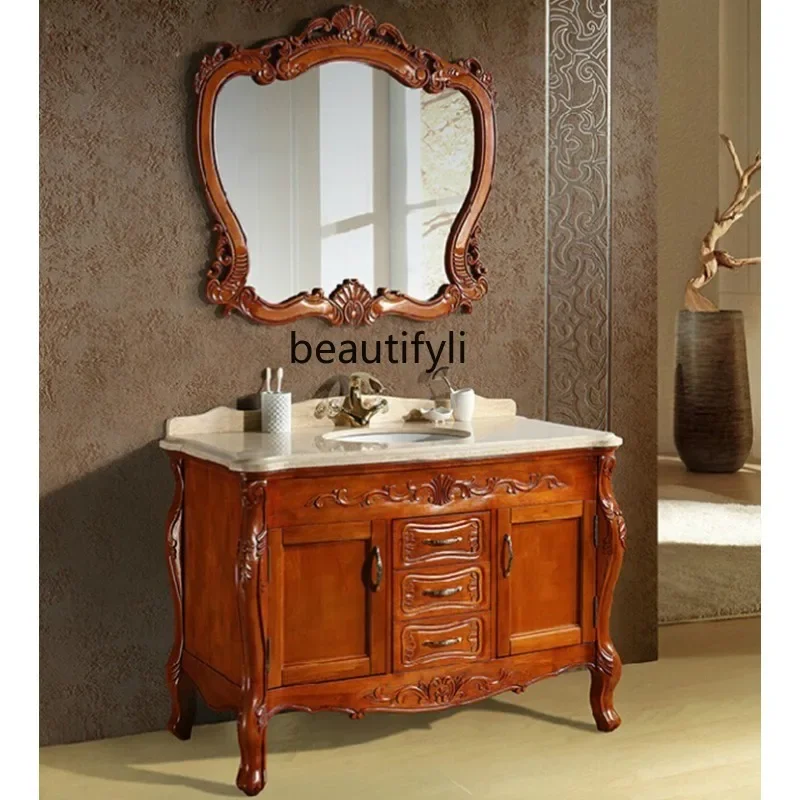 AA85 European bathroom cabinet marble antique floor red oak solid wood wash basin cabinet combination