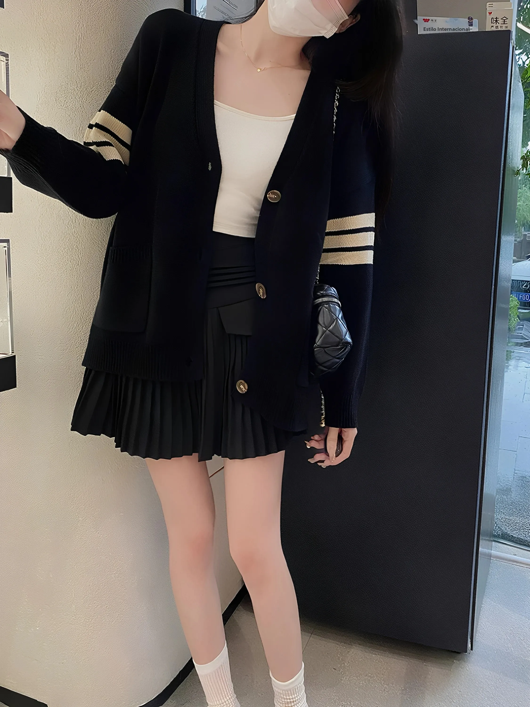 maternity-knitwear-cardigan-outerwear-women's-fashion-plus-size-short-slimming-hepburn-long-sleeve-knitted-set-black