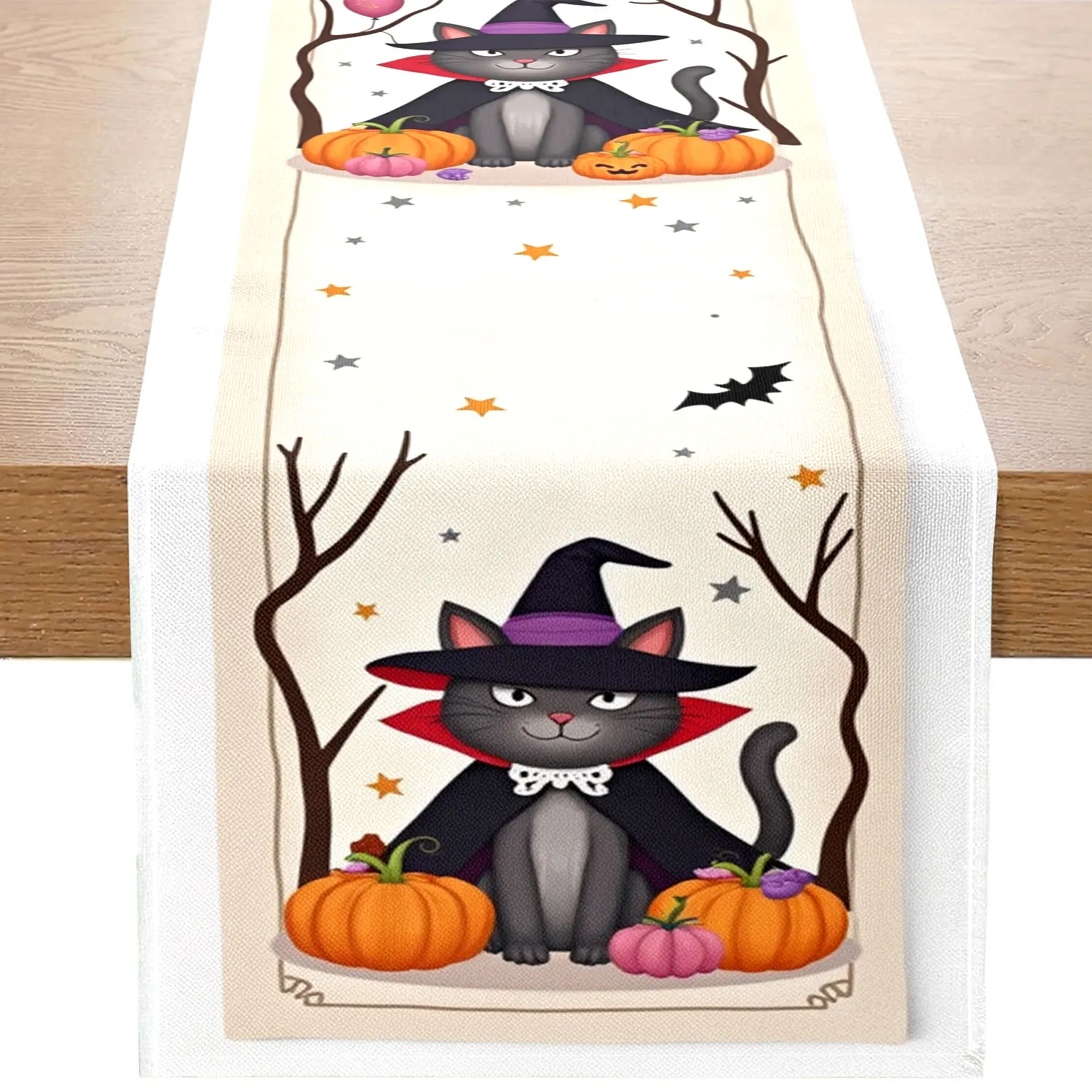 1 Halloween-Themed Table Runner with Patterns of Witch Hats, Black Cats, Pumpkins, Bats, Etc., Suitable for Halloween Parties, Holiday Home Decorations, Etc