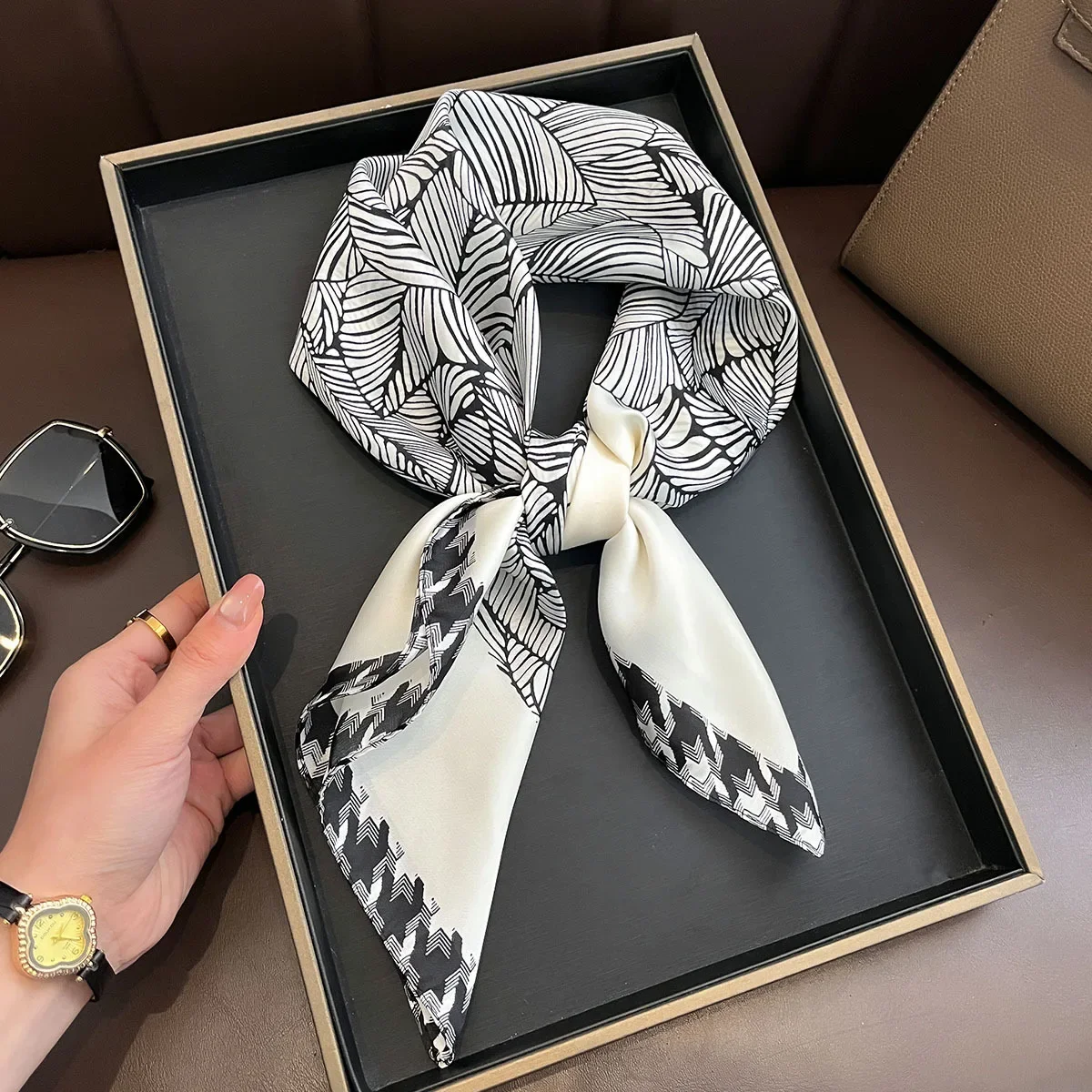 70*70cm Square Scarf Houndstooth Print Head Scarves Women Decorate Soft Silk Neckerchief Foulard Bandana Female Hijab Headscarf
