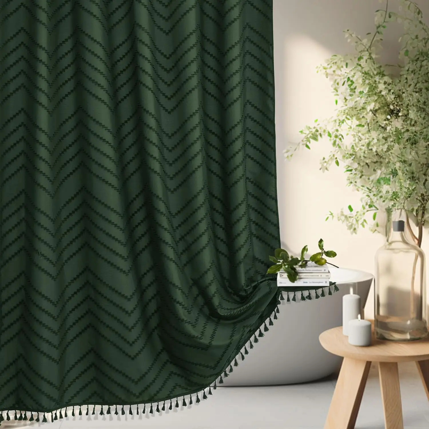

Dark Green Boho Shower Curtain with Tassel Woven Fabric Shower Curtain 72 x 72 Modern Farmhouse