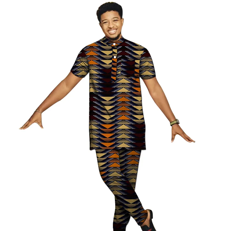 African Print Clothes Men\'s Henry Collar Shirts+Trousers Customize Pant Sets Nigeria Fashion Male Yellow Suits Drop Shipping