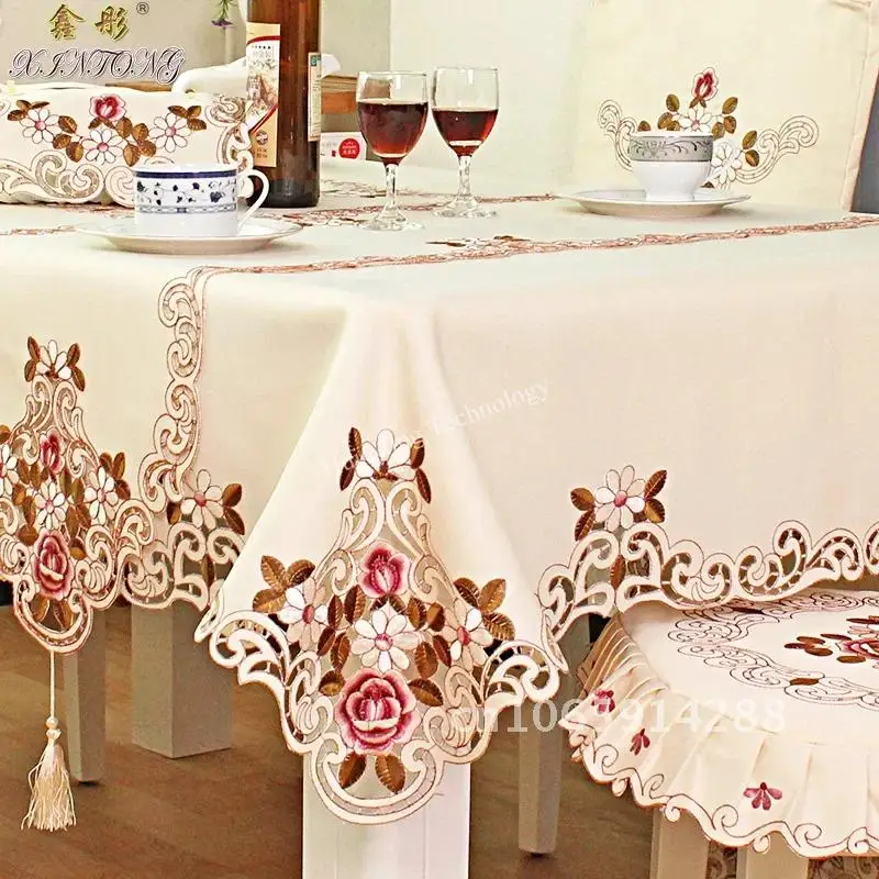 Tablecloth For Table Europe Garden Elegant Embroidered Dining Table Cover Chair Dust Cloth Cover Wedding Decoration Peony Flower