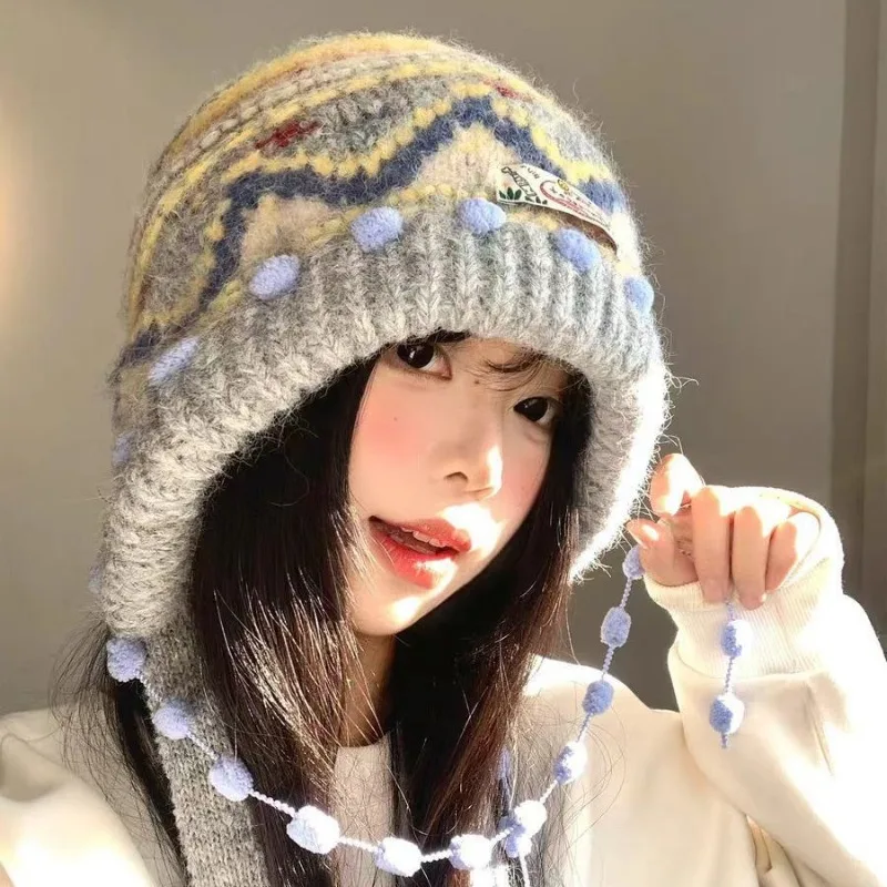 Hearing Protection Women Fair Isle Style Retro Knit Beanie Hat Thickened Warm Ear Protective for Autumn Winter Use