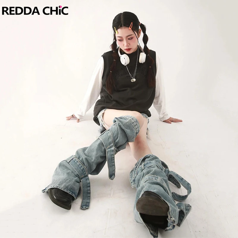 

ReddaChic Casual Plain Denim Leg Warmers Women Asymmetric Pocket Bulit-in Rubber Band Belted Boots Cover Summer Korean Clothes