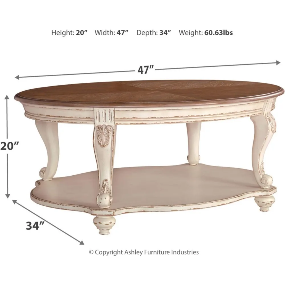 Realyn-mesa de centro informal, color blanco y marrón antiguo, 34 "D x 47" W x 20 "H