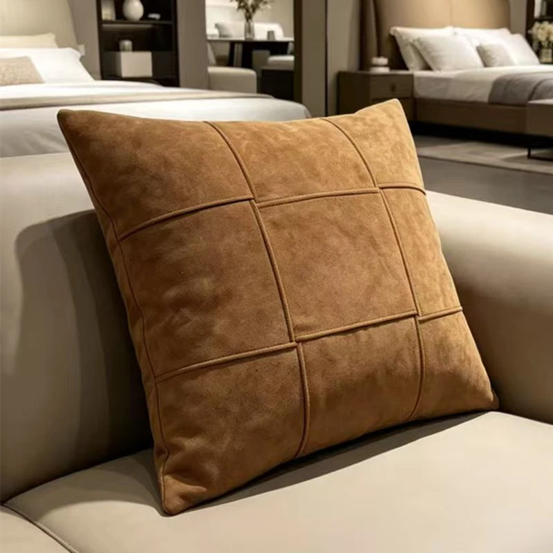 HINYEATEX Modern Italian Minimalist Luxury Style Caramel Grid Stitching Pillow Cover Soft Matte Suede 45x45cm 1 Piece Pack