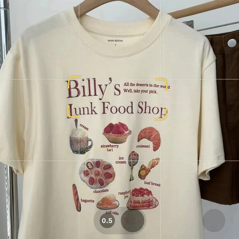 بلوزة نسائية بأكمام قصيرة مع مشمش حليب مطبوع ريترو فضفاضة وفريدة من نوعها على الطراز الكوري نصف كم من القطن الخالص برقبة دائرية