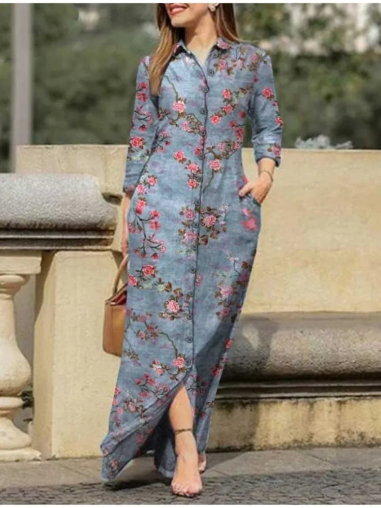 Vintage Flower Print Loose Shirt Dress Autumn Fashion Lapel Collar Button Dress Women Casual Long Sleeve Pocket Maxi Dresses