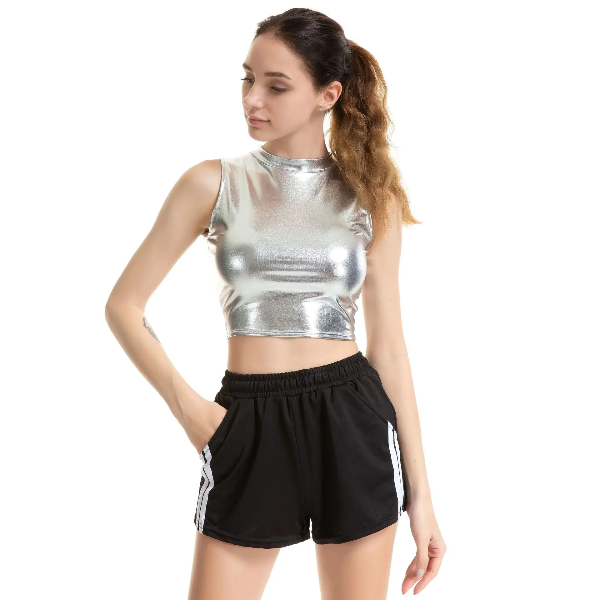 Womens Shiny Metallic Patent Leather Sleeveless Mock Neck Crop Tank Tops Camisole Night Club Party Rave Dance Costume Clubwear - view 4