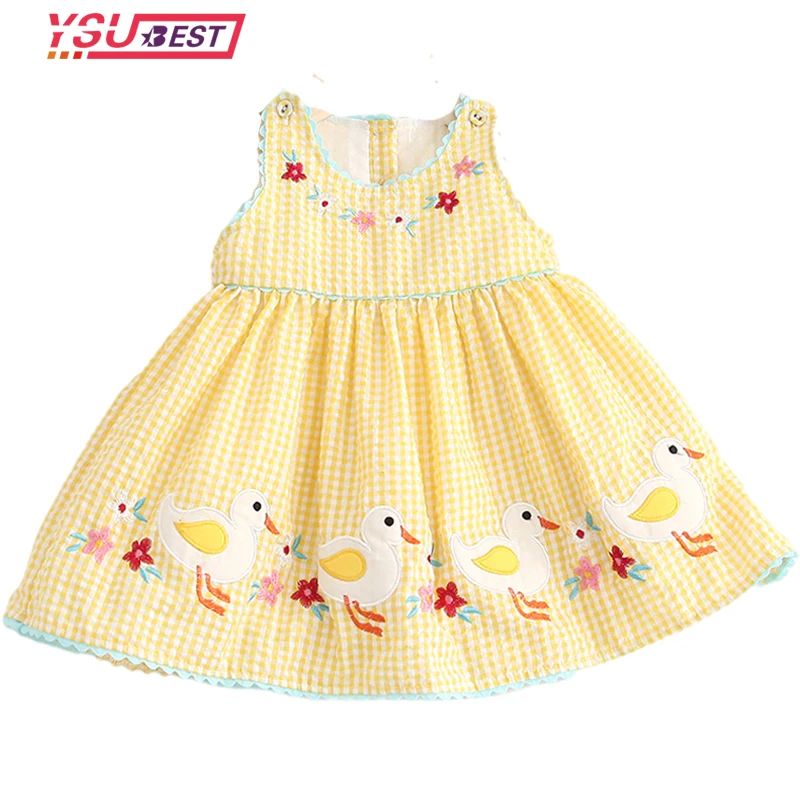 

0-6Y Newborn Girls Dresses Summer Cute Embroidered Duck Party Dress Toddler Kids Yellow Plaid Dress Baby Girls Princess Clothes