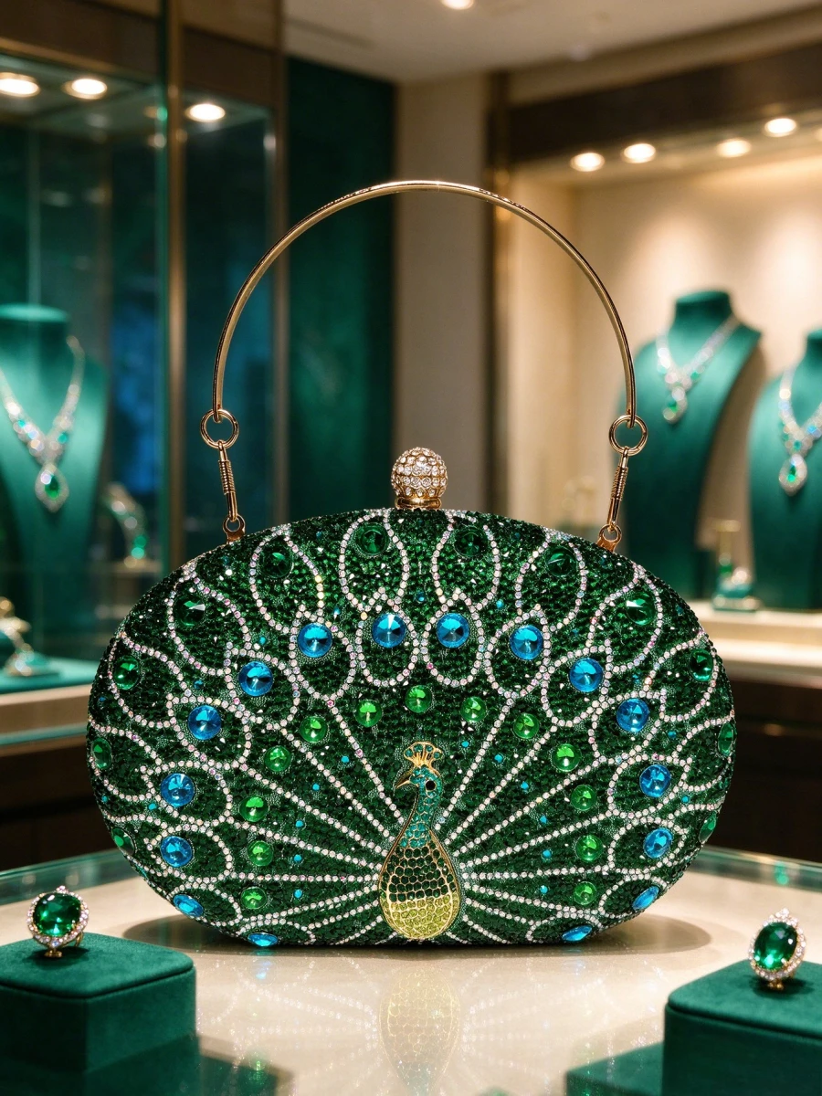 Green Peacock Pattern Crystal Evening Handbag, Elegant Formal Party Purse For Mature Middle Aged Ladies Bolsas Femininas Luxuosa
