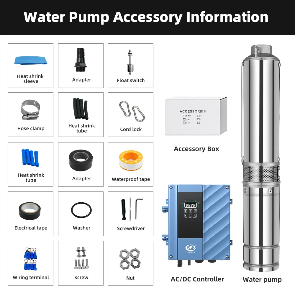 DIFFUL 4 inch 2200W Solar Deep Well Submersible Water Pump Solutions ACDC Brushless Motor&External MPPT Controller for Borehole