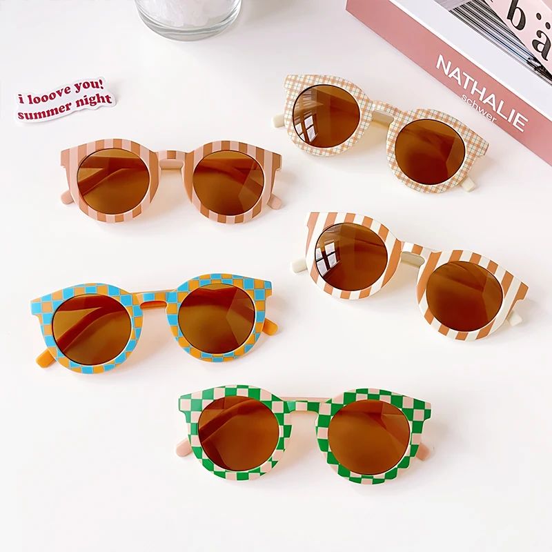 Children Cute Checker Panel Color Round UV400 Sunglasses Baby Girls Outdoor Sun Protection Sunglasses Kid Eye Protection Glasses