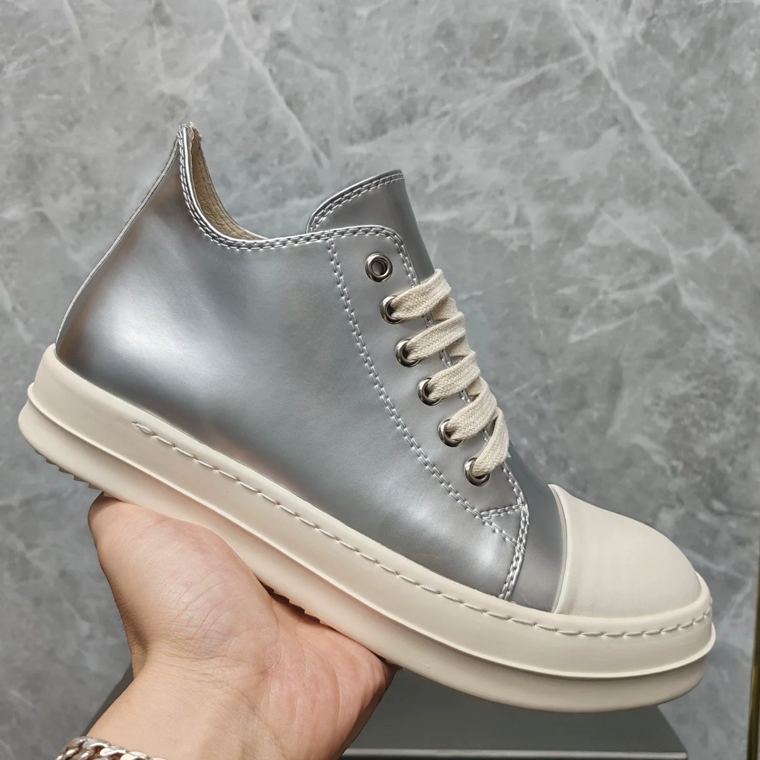 New Silver Shiny Leather Low-Top Men's Shoes Casual Versatile Height-Enhancing Lace-Up Thick-Soled Trendy Couple Shoes