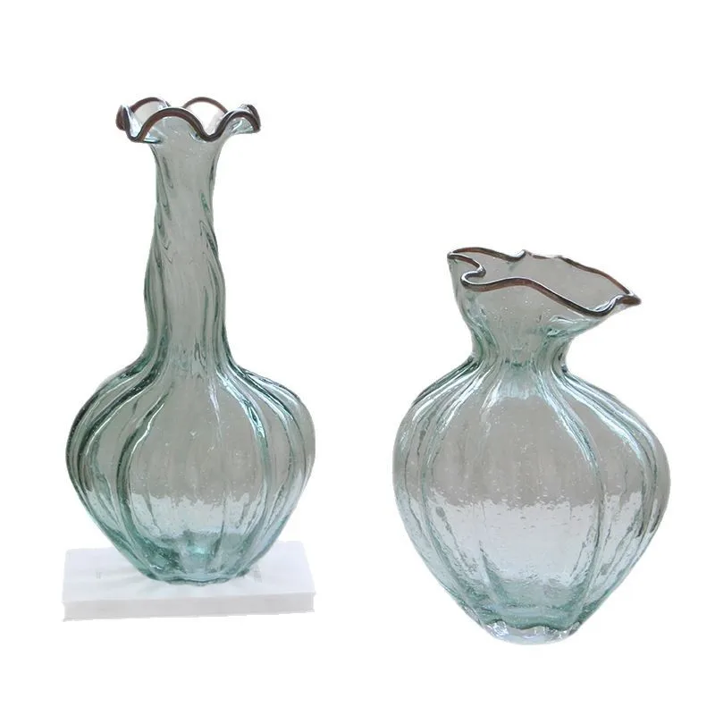

Handmade wavy mouth lace bubble green crooked neck big belly pumpkin vase living room decorative vase