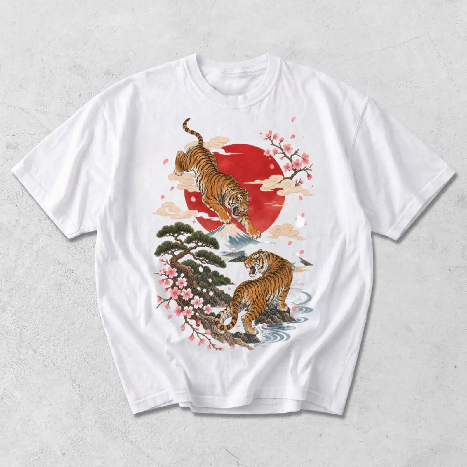 Vintage Japanese Tiger Cherry Blossom T shirt Mt Fuji Red Sun Oriental Aesthetic Sakura Asian Art  vintage Washed streetwear