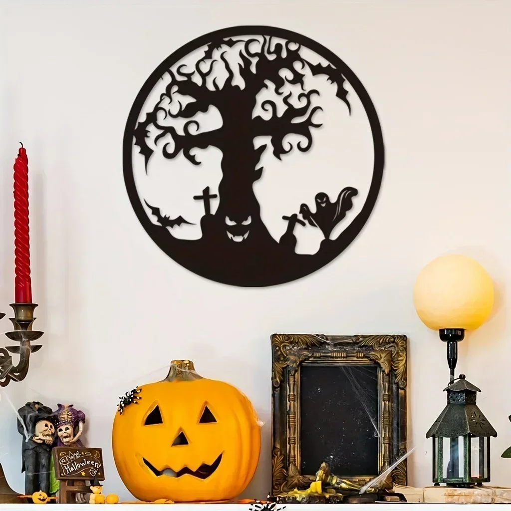 Spine-chilling Metal Halloween Tree Wall Hanging Decor: Intriguing Black Iron Artwork for Home and Living Room Decoration