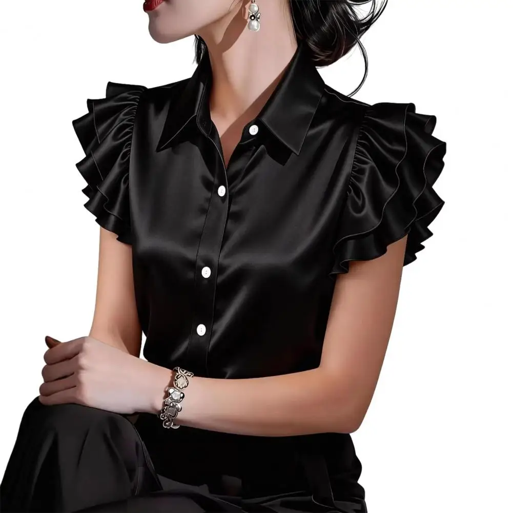 

Comfortable Women Shirt Women’s Satin Shirt Tops Lapel Ruffle Short Sleeve Blouses Single Breasted Pure Color Smooth for Wear