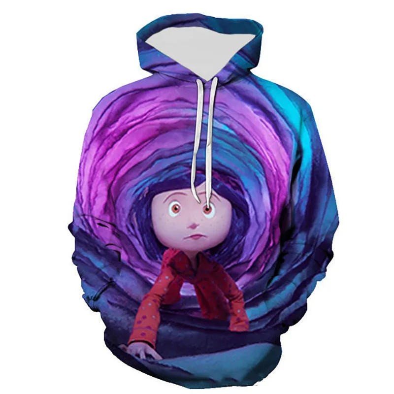 Sudadera con capucha de dibujos animados para hombre y mujer, suéter con estampado 3D de Coraline, ropa de chándal informal de gran tamaño, otoño