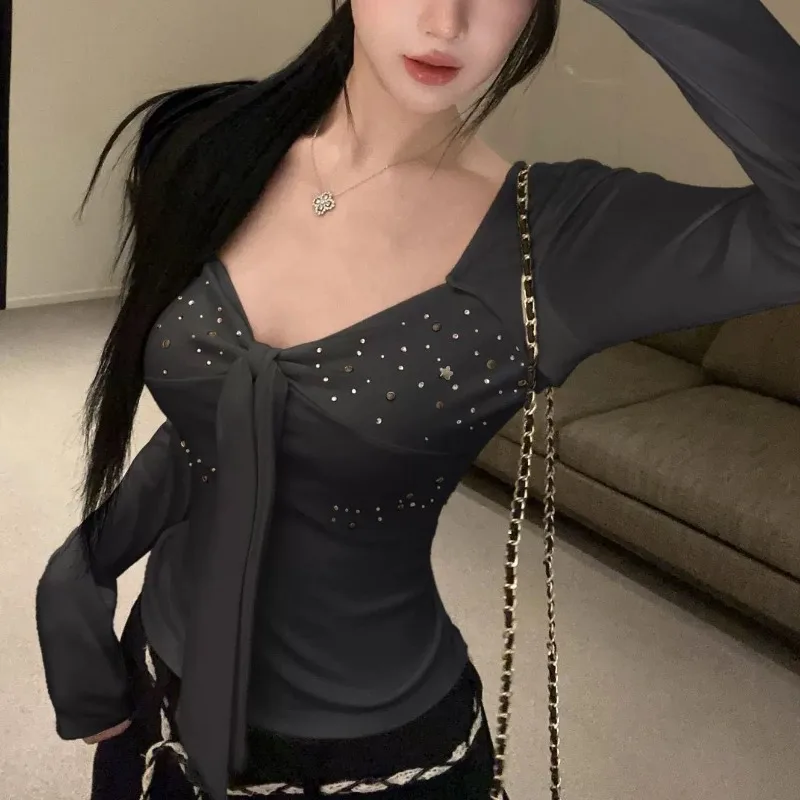 

Deeptown серый бант на шнуровке с бриллиантами сексуальные женские футболки эстетические корейские модные тонкие футболки с длинными рукавами Gyaru повседневные универсальные