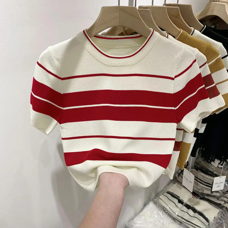 

Ice Silk Striped Short-sleeved T-shirt for Women in Summer New Round Neck Knitted Thin Slim and Versatile Top for Women
