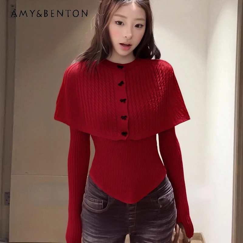 

Winter New Christmas Cape Women's Sweater Autumn Winter Shawl Long Sleeve Knitted Loose Korean Style New Year Red Top Ladies