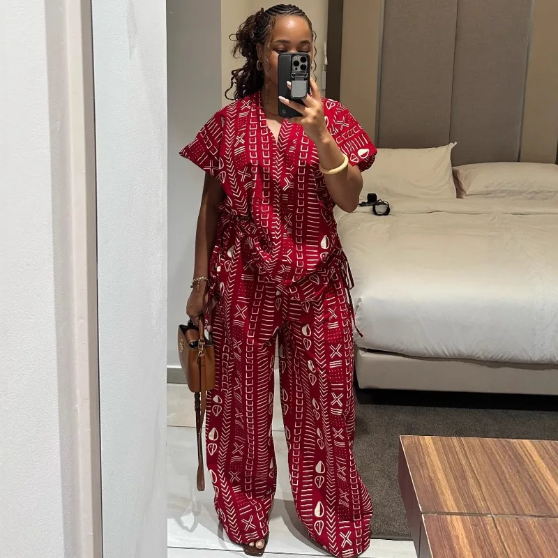 Red African Print Two Piece Set Elegant Women Short Sleeve V Neck Top + Pocket Wide Leg Pants Casual Summer Outfits Plus Size